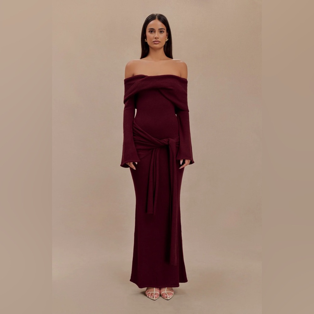 NWT Meshki Cameron Off Shoulder Tie Maxi Dress - Merlot XXS